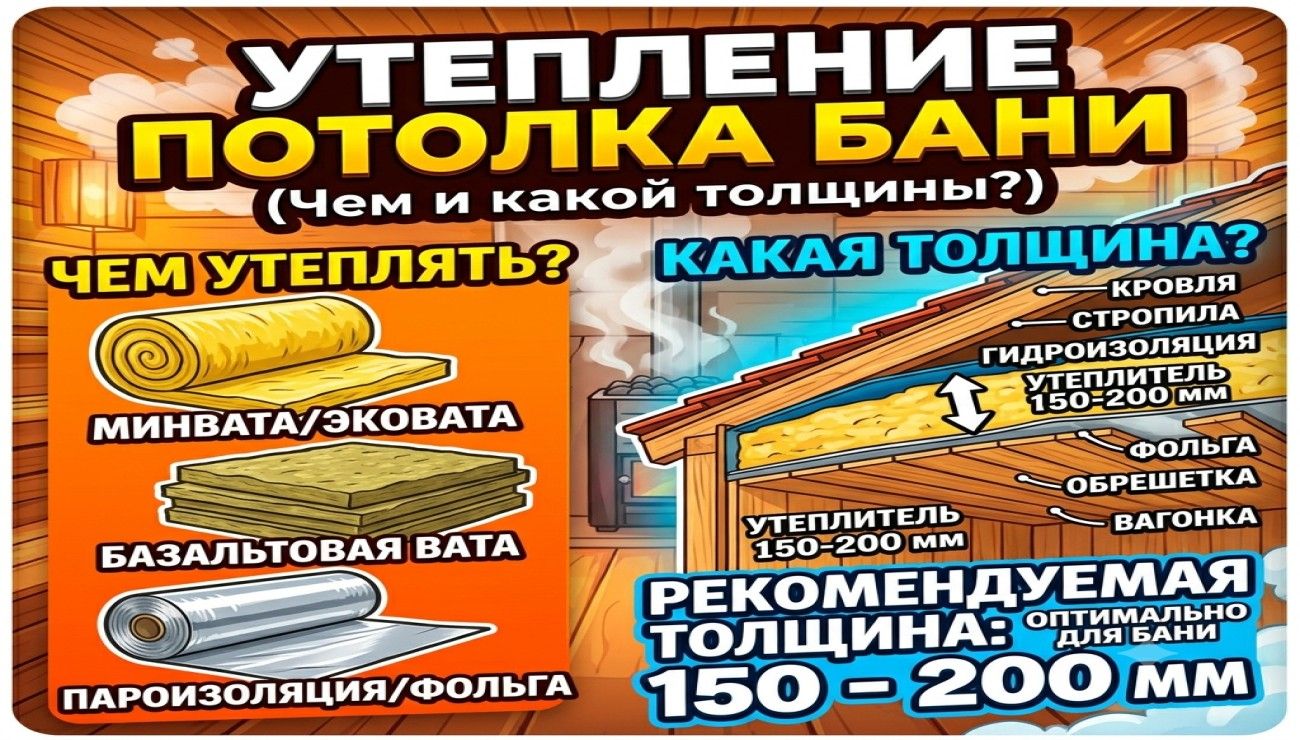 Утепление потолка бани: чем и какой толщиной